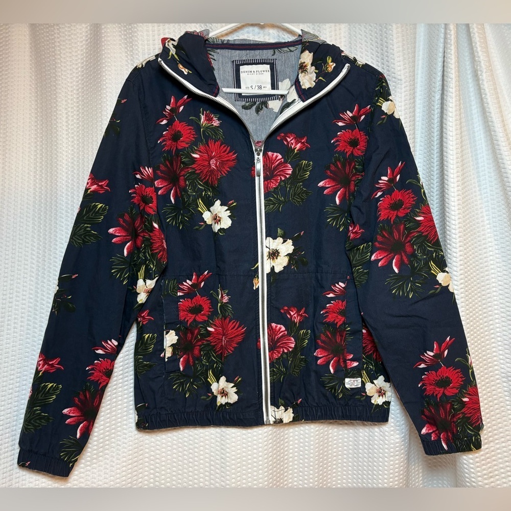 Denim & Flower Ricky Singh men’s lightweight hooded jacket navy blue floral S